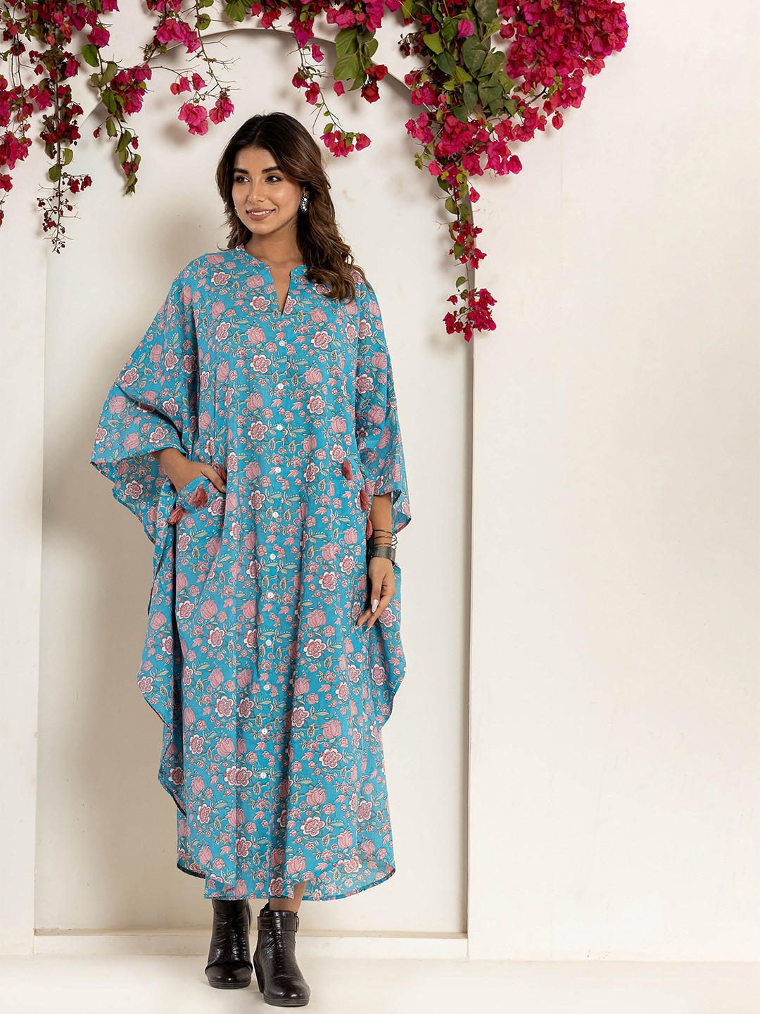 

FEATHERS CLOSET Floral Printed Mandarin Collar Kimono Sleeves Cotton Kaftan Maxi Dress, Blue