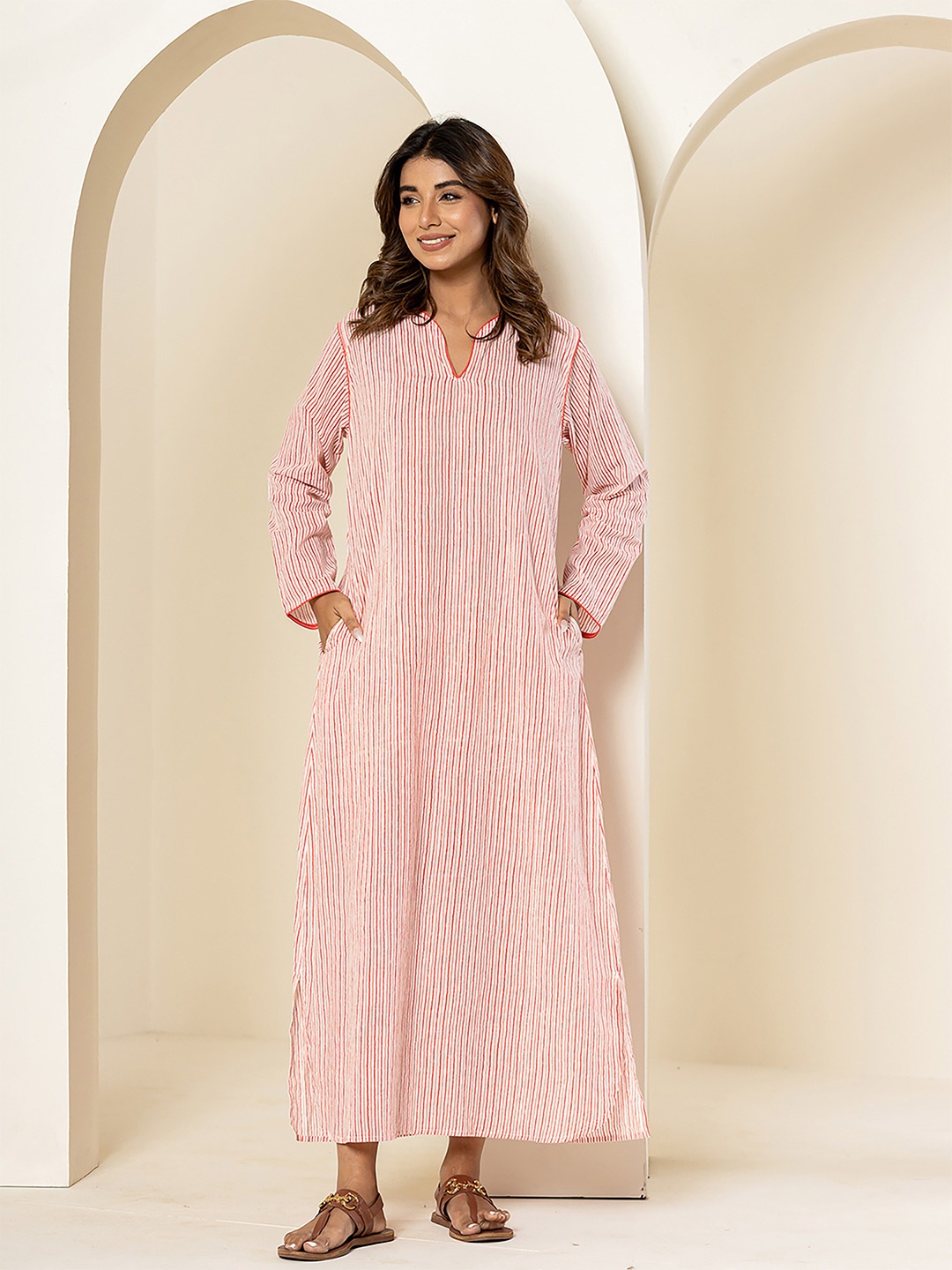 

FEATHERS CLOSET Striped Pure Cotton Maxi Nightdress, White