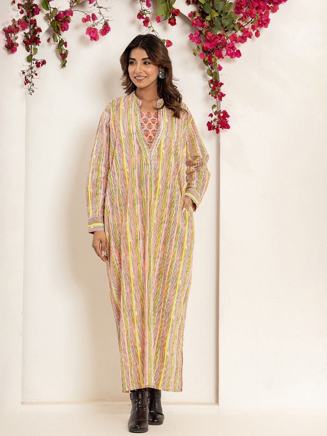 

FEATHERS CLOSET Striped Pure Cotton Maxi Ethnic Dress, Pink