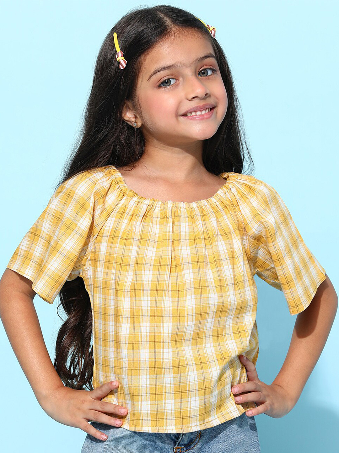 

TALES & STORIES Girls Checked Cotton Top, Yellow