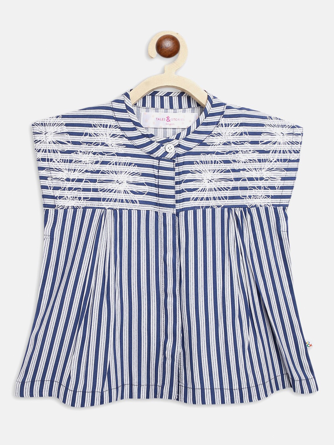 

TALES & STORIES Girls Striped Band Collar A-Line Top, Navy blue