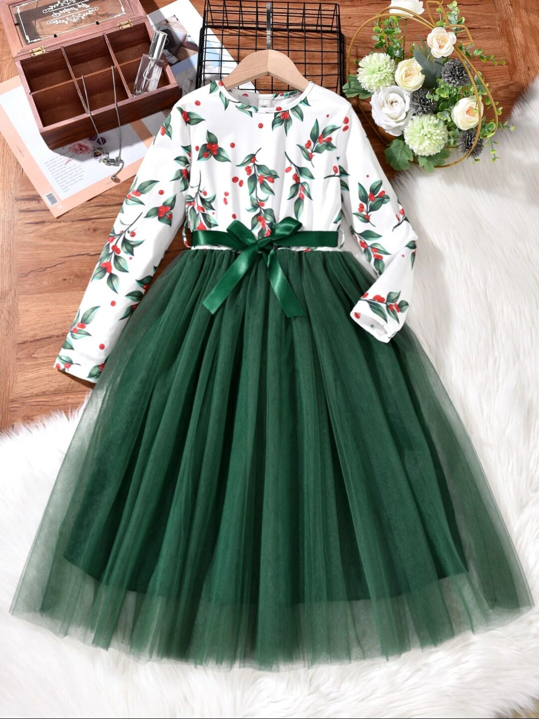 

BAESD Girls Floral Printed Round Neck Net Fit & Flare Dress, Green