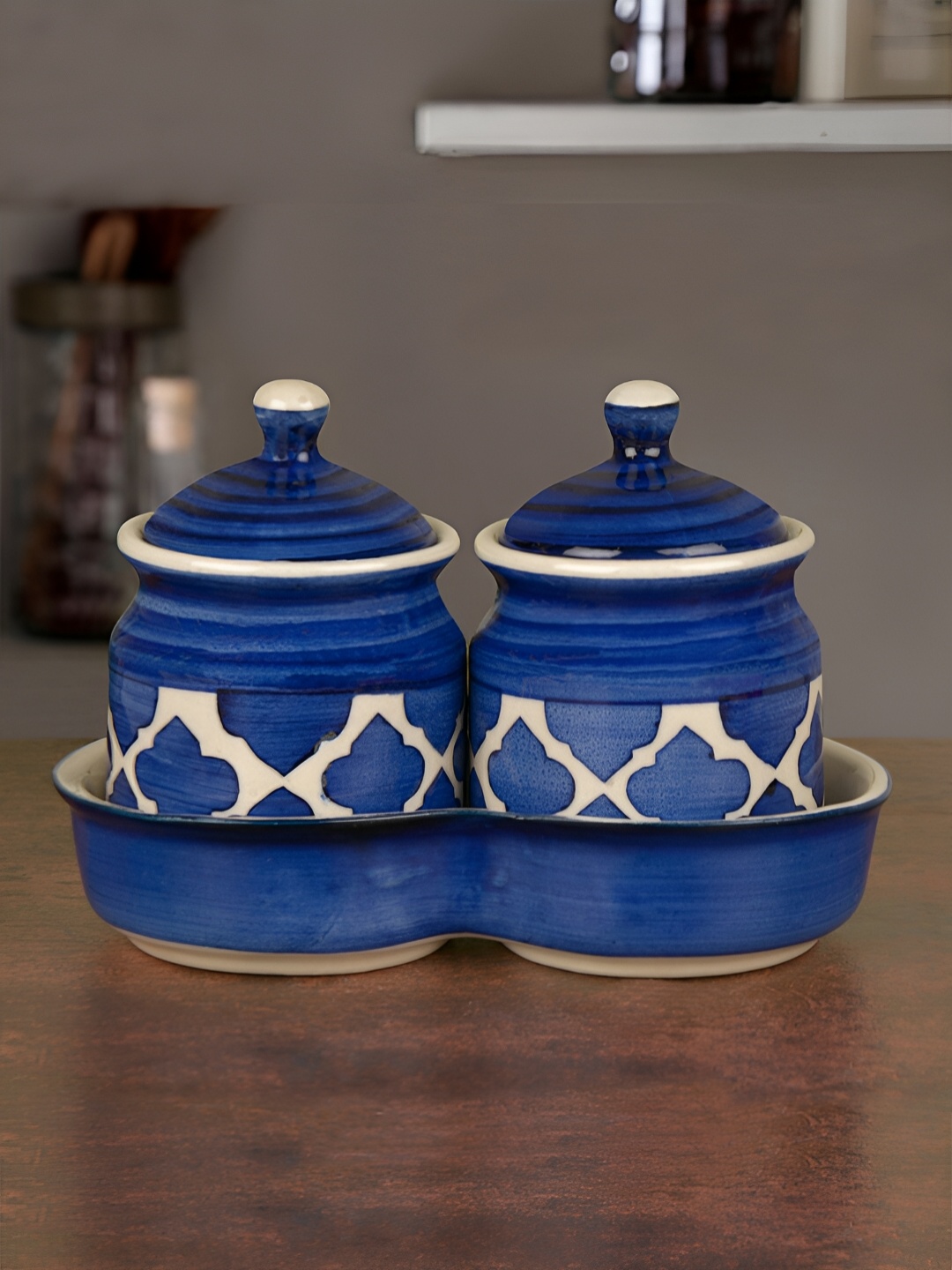 

StyleMyWay 2 Pcs Ceramic Blue & White Pickle Jar Set with Tray