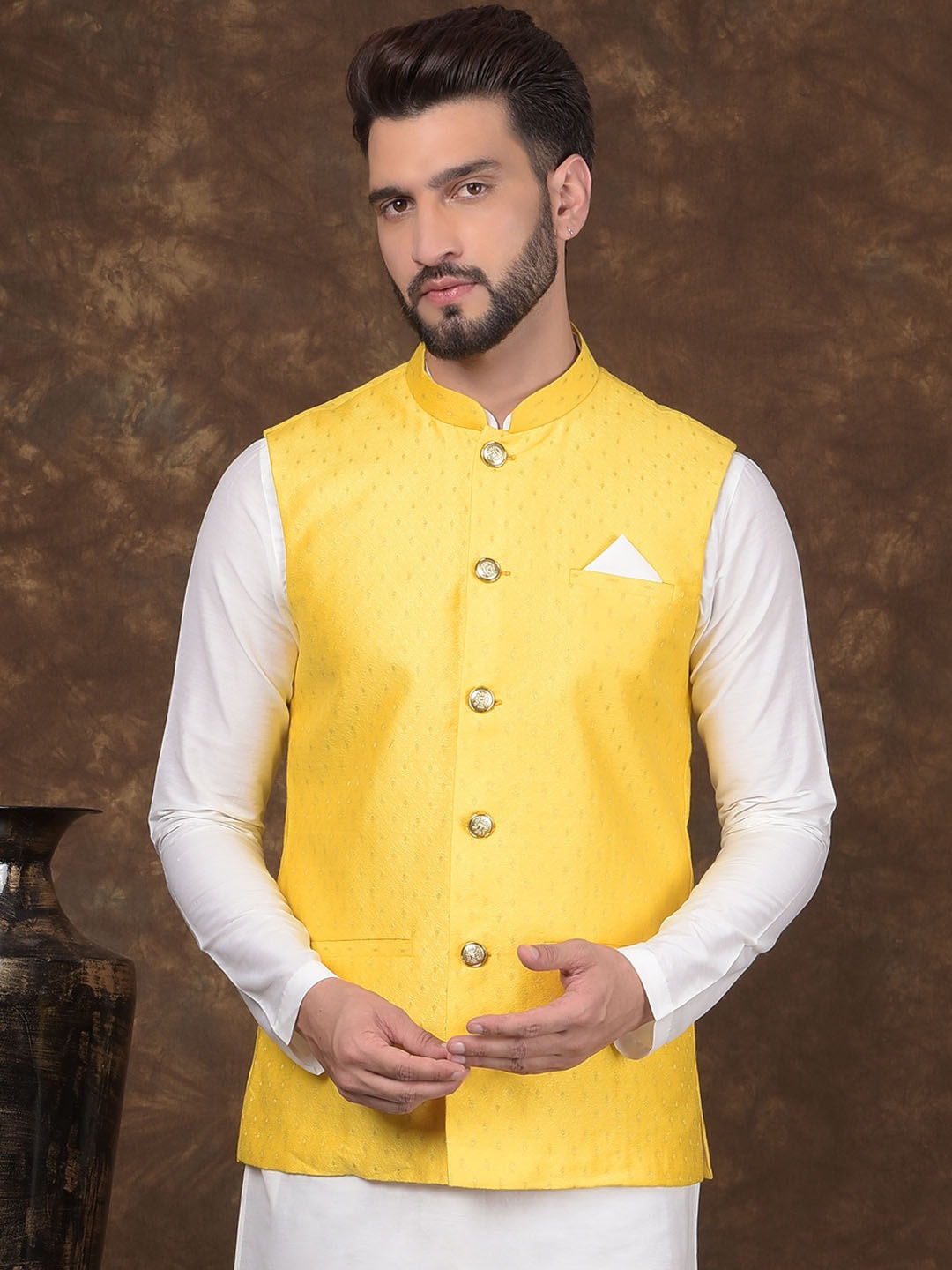 

DEYANN Woven Design Nehru Jacket, Yellow