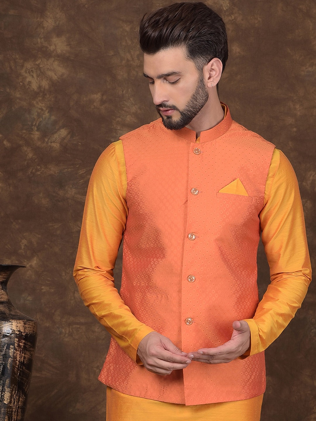 

DEYANN Woven Design Mandarin Collar Nehru Jacket, Orange