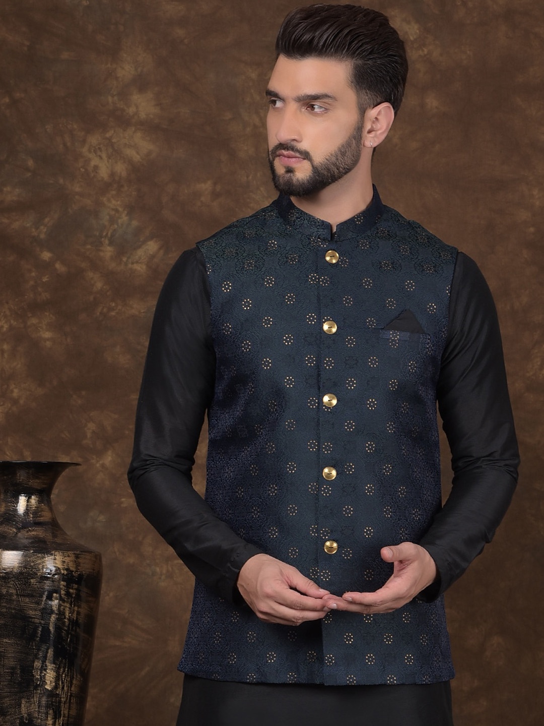 

DEYANN Woven Design Nehru Jacket, Green