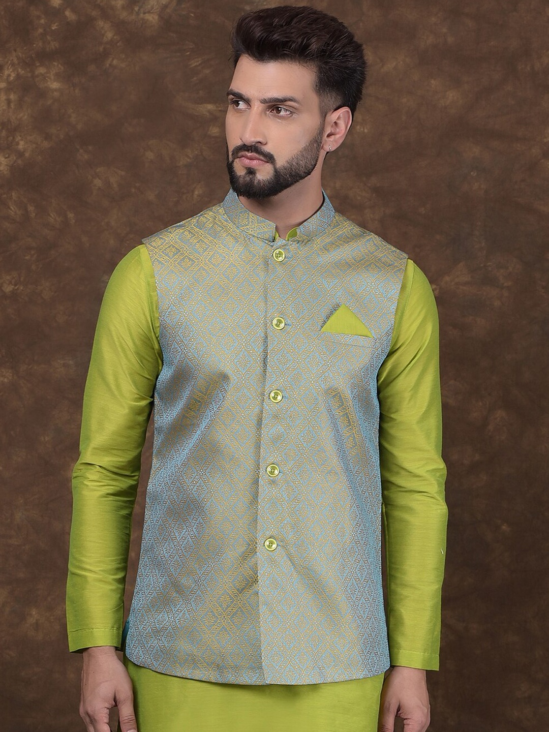 

DEYANN Woven Design Nehru Jacket, Yellow