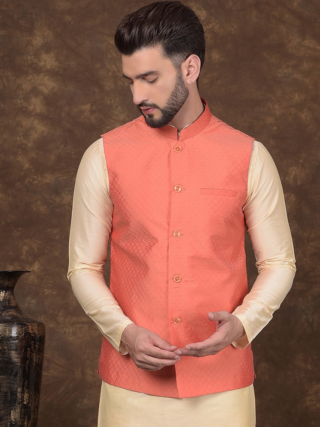 

DEYANN Woven Design Nehru Jacket, Coral