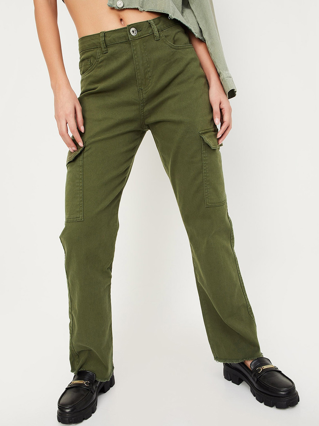 

max Women Mid-Rise Cotton Cargos Trousers, Olive