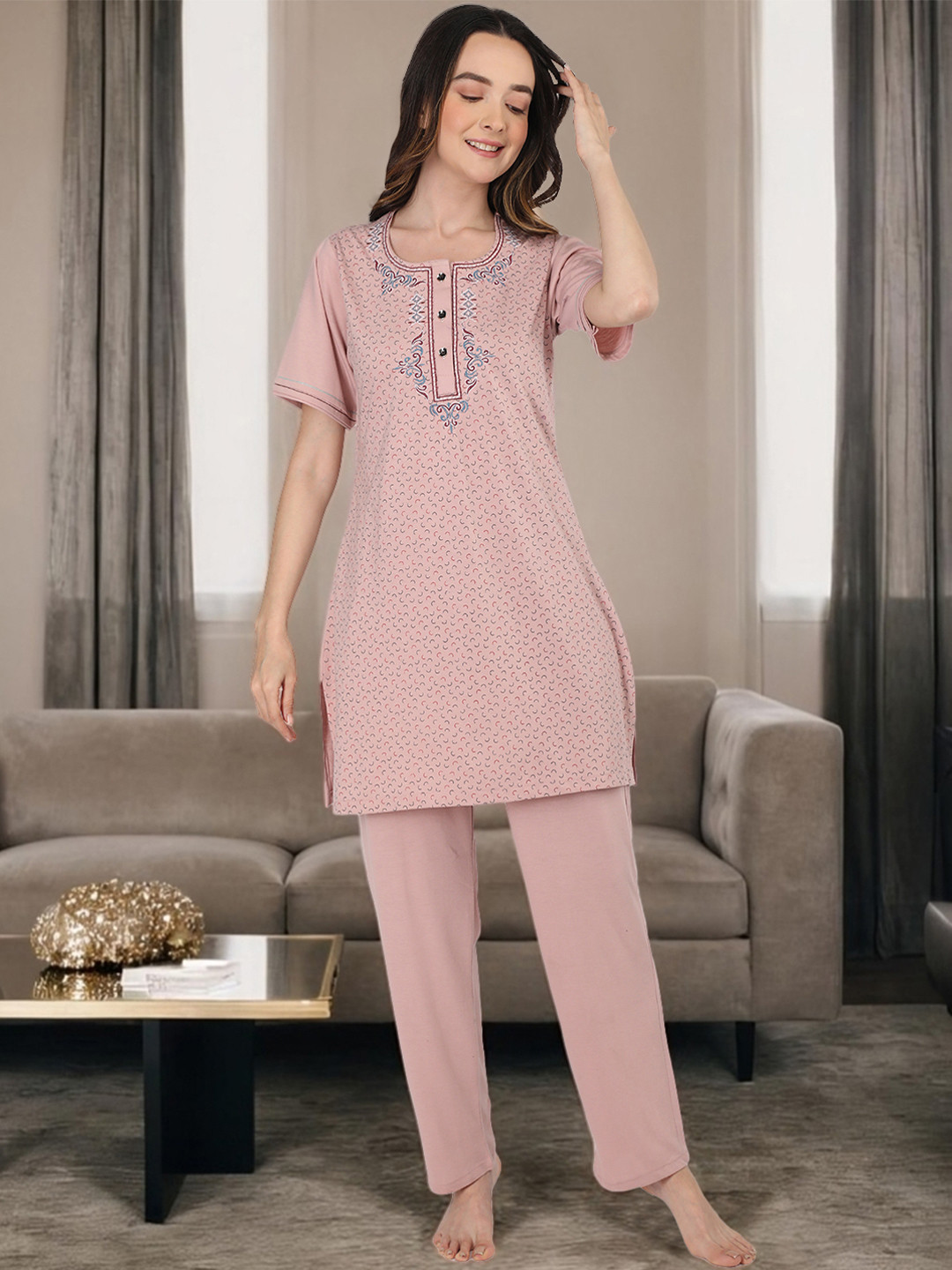 

Duchess Floral Embroidered Round Neck Night suit, Pink