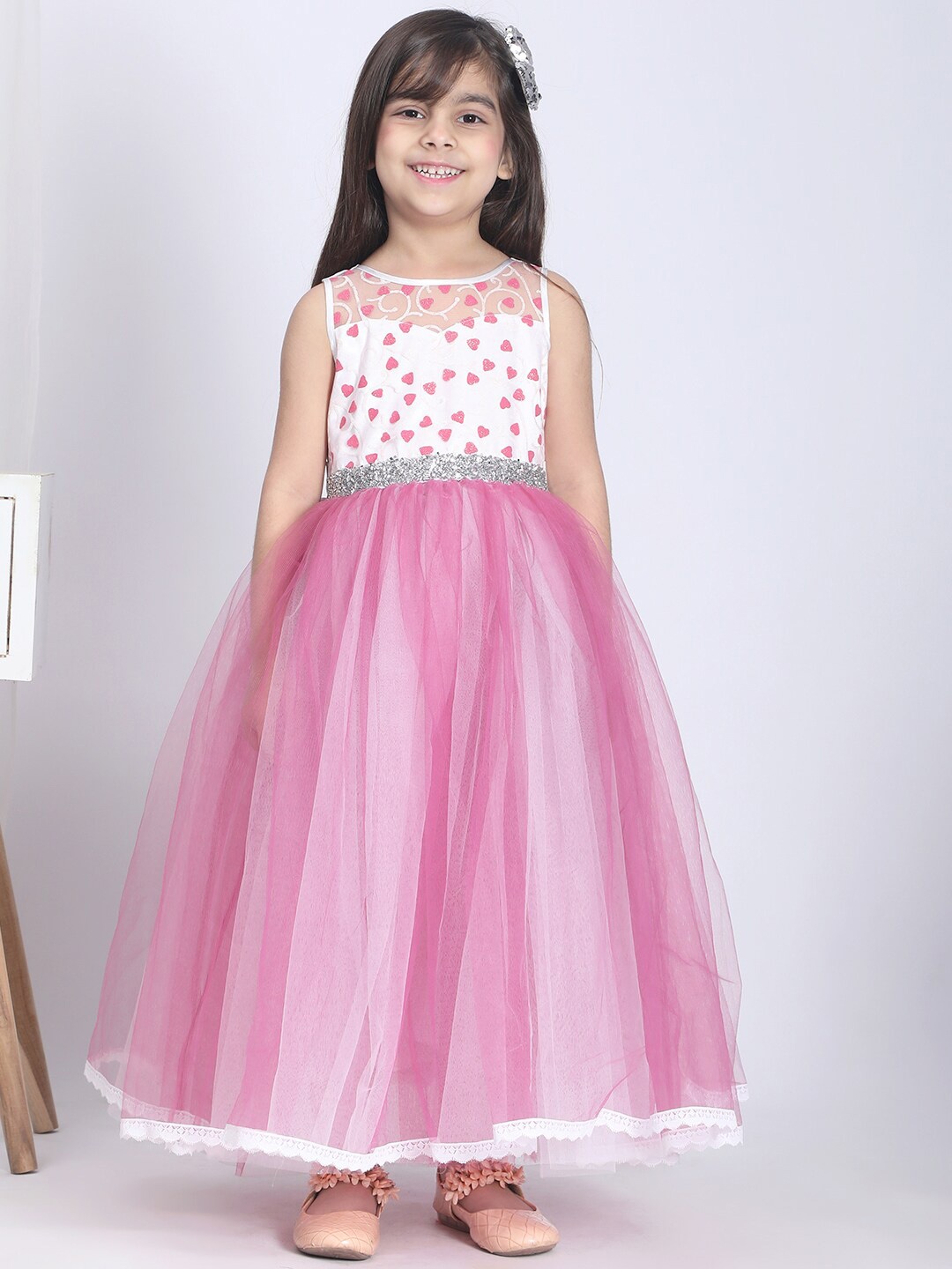 

Toy Balloon kids Girls Floral Sequined Embellished Net Fit & Flare Dress, Pink