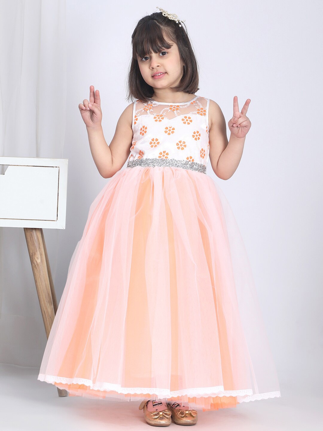 

Toy Balloon kids Girls Floral Sequined Embellished Net Fit & Flare Dress, Orange