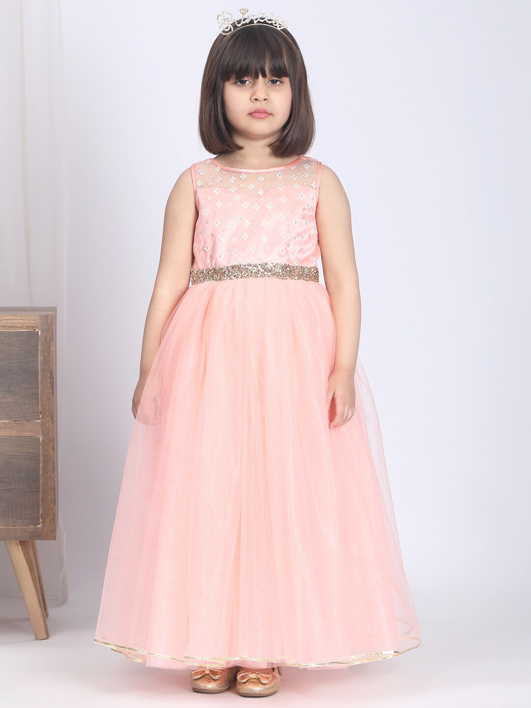 

Toy Balloon kids Girls Floral Sequined Embellished Net Fit & Flare Dress, Peach