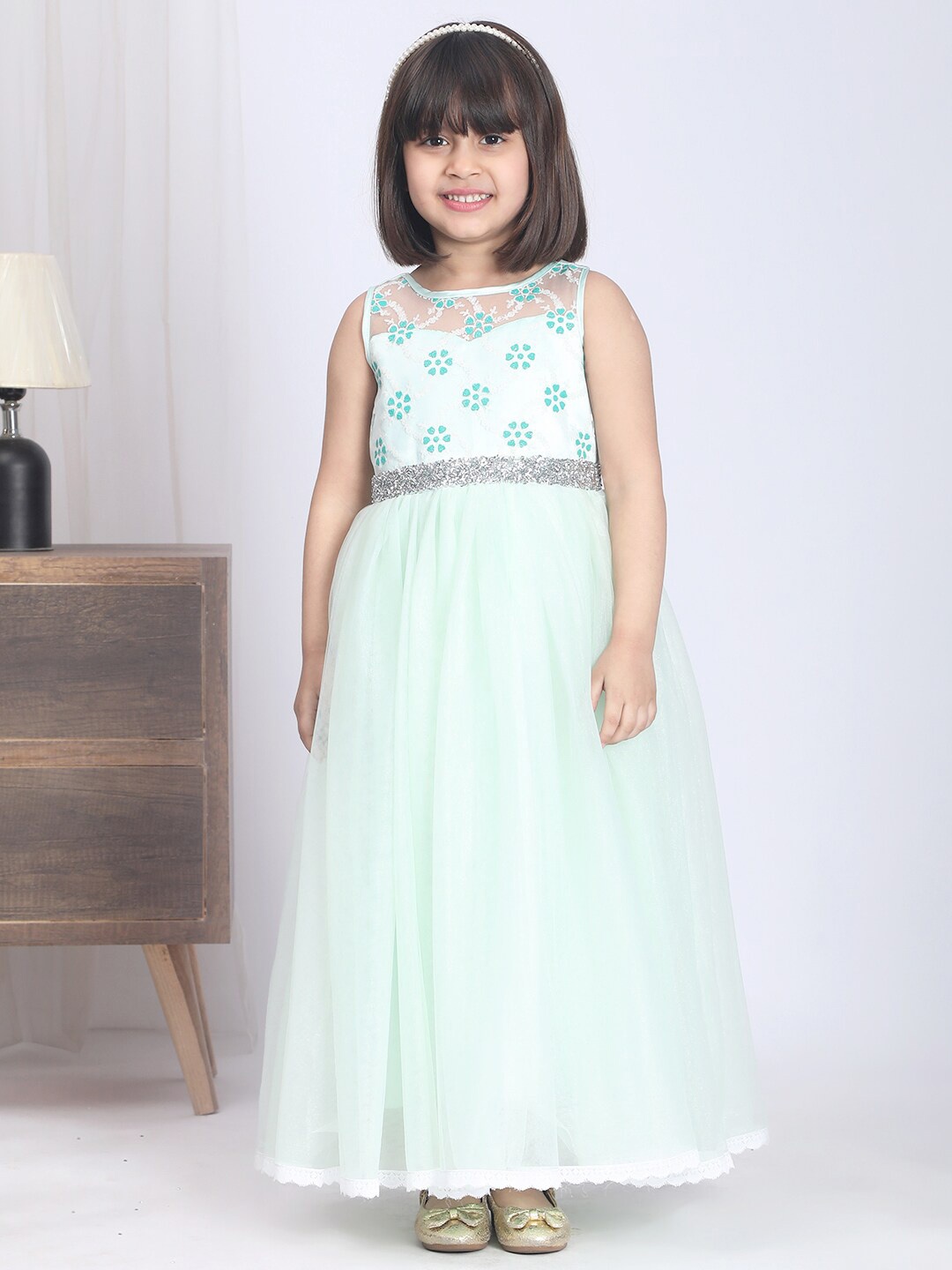 

Toy Balloon kids Girls Floral Printed Fit & Flare Maxi Dress, Sea green