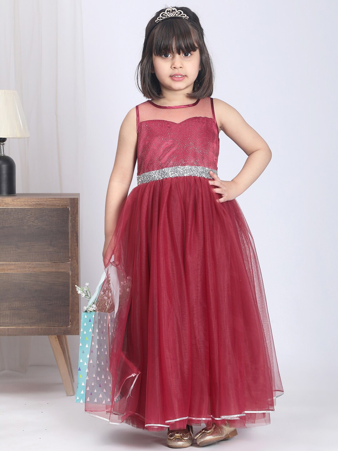 

Toy Balloon kids Girls Embellished Net Fit & Flare Maxi Dress, Maroon