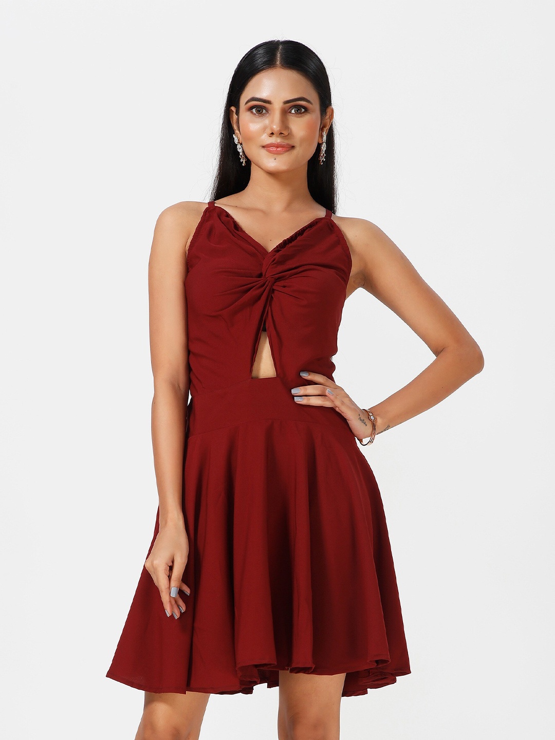 

mrutbaa Shoulder Strap Cut Out Crepe Fit & Flare Dress, Red