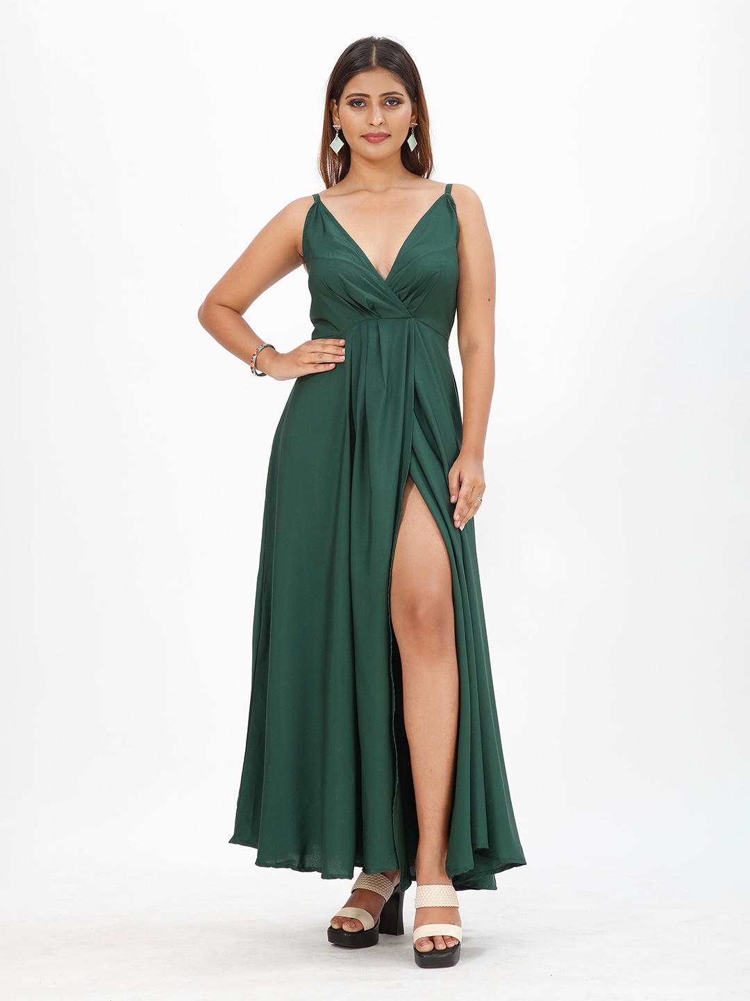 

mrutbaa V Neck Crepe Maxi Dress, Green