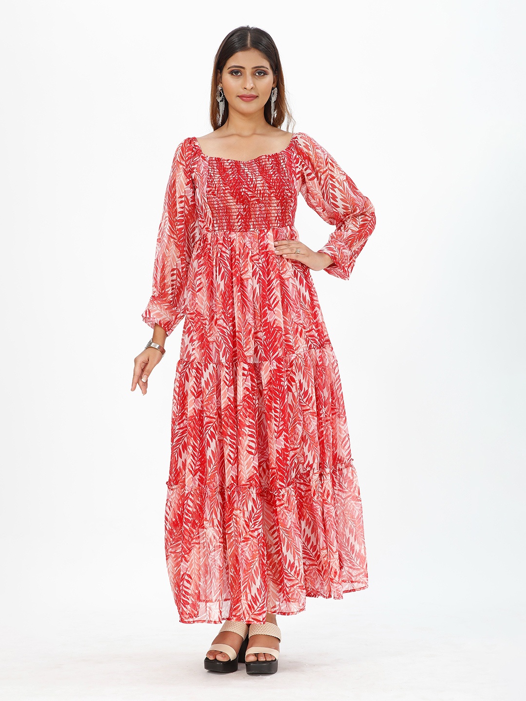 

mrutbaa Round Neck Floral Printed Chiffon Maxi Dress, Red