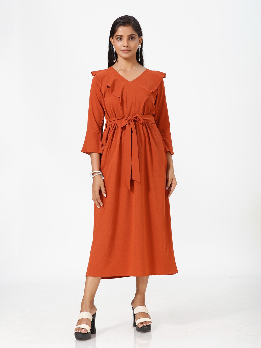 

mrutbaa V Neck Bell Sleeve Crepe Fit & Flare Midi Dress, Rust