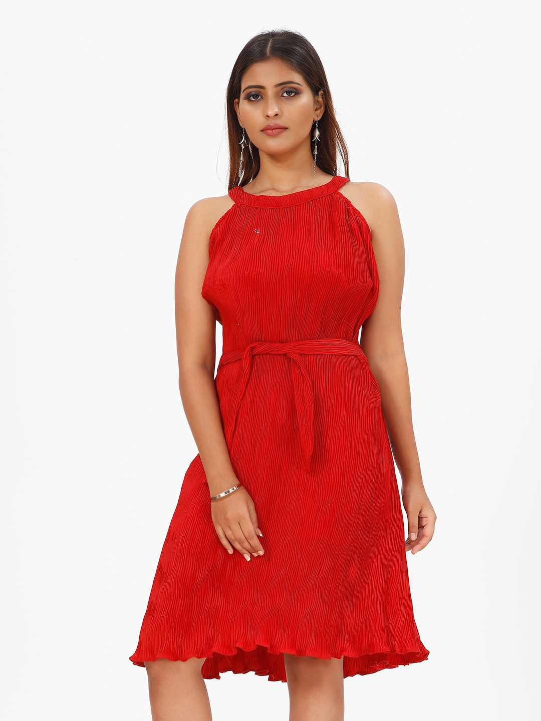 

mrutbaa Satin Fit & Flare Dress, Red