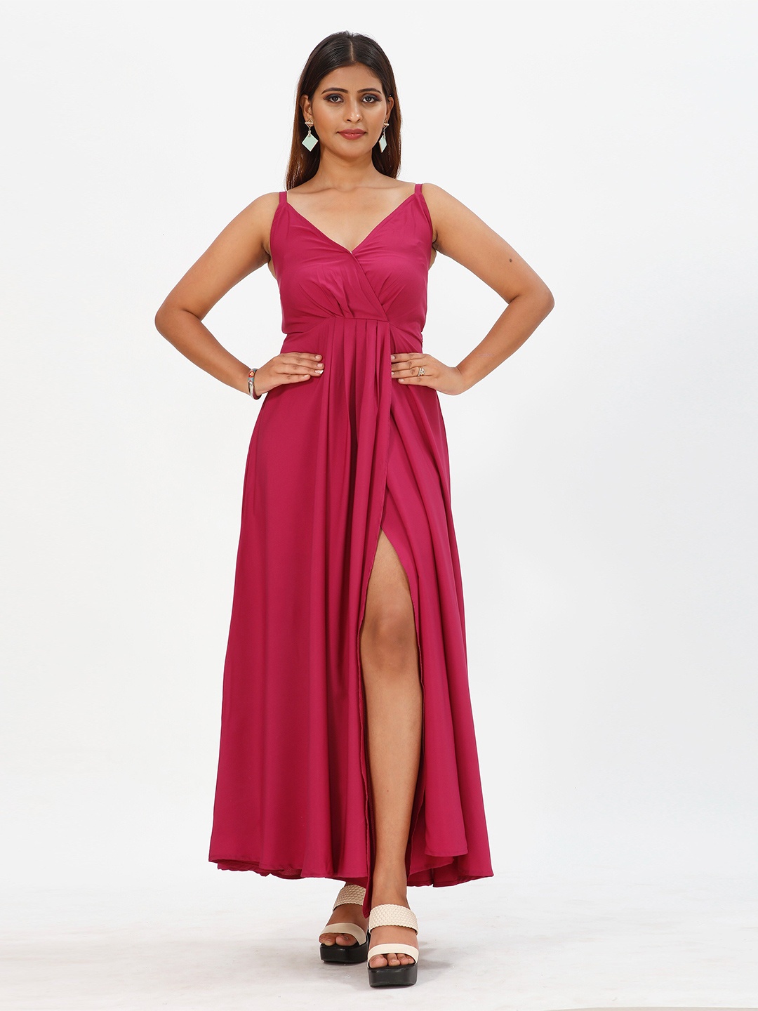 

mrutbaa Shoulder Strap Front Slit Crepe Maxi Dress, Purple