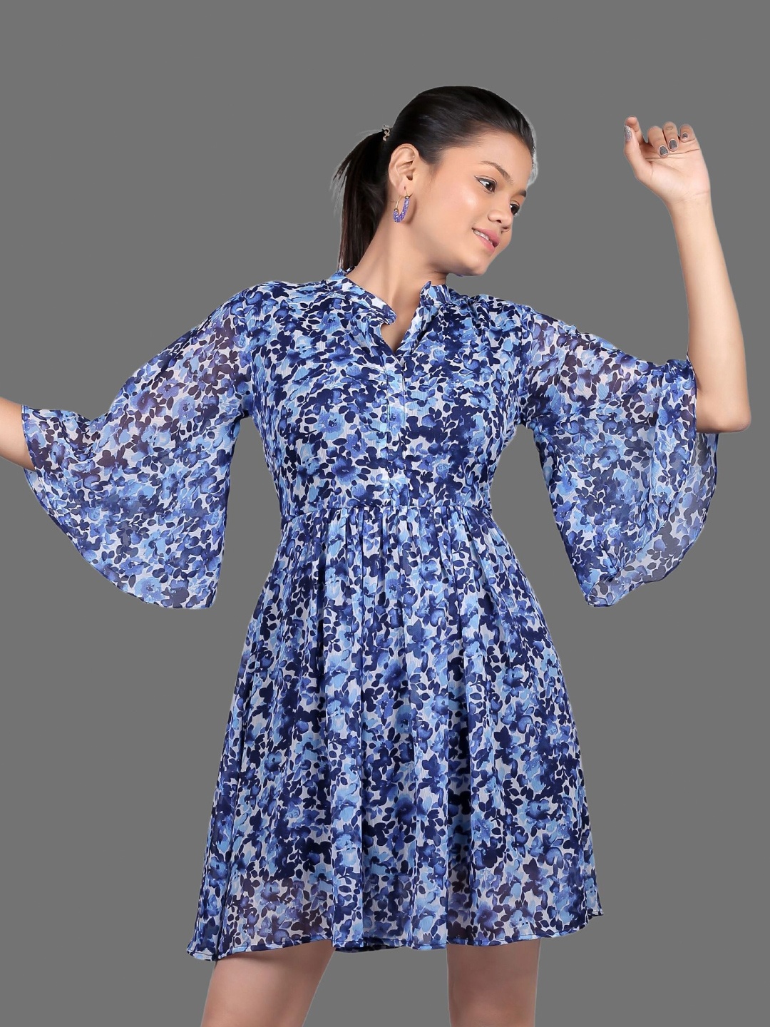 

mrutbaa Floral Print Flared Sleeve Fit & Flare Dress, Blue