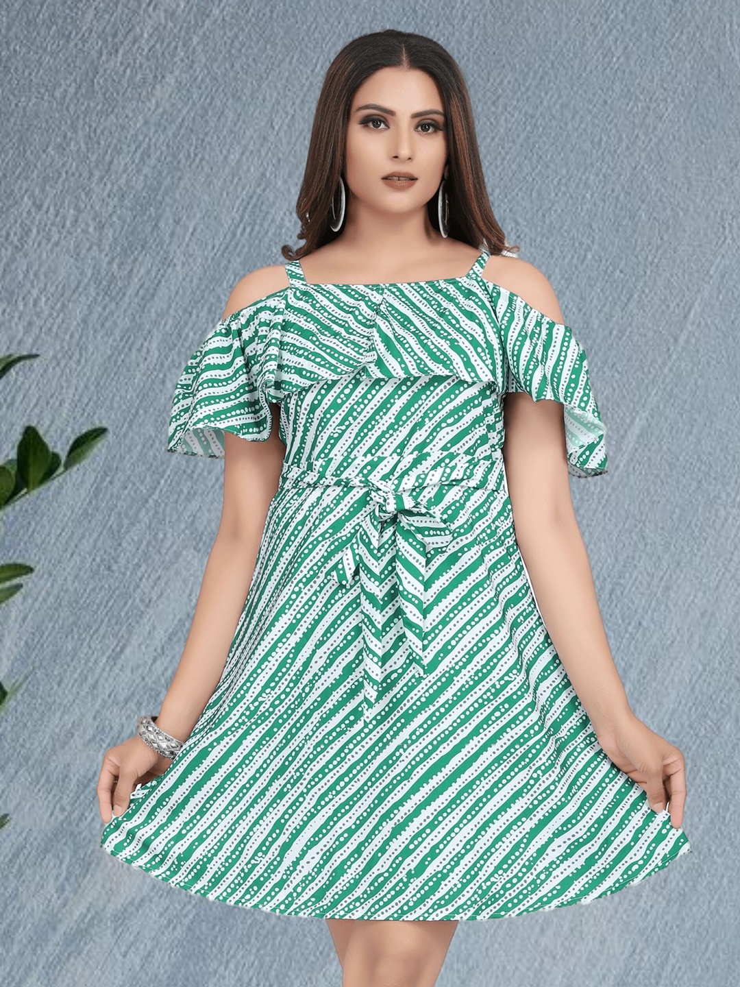 

mrutbaa Striped Off-Shoulder Flutter Sleeve Crepe Fit & Flare Dress, Green