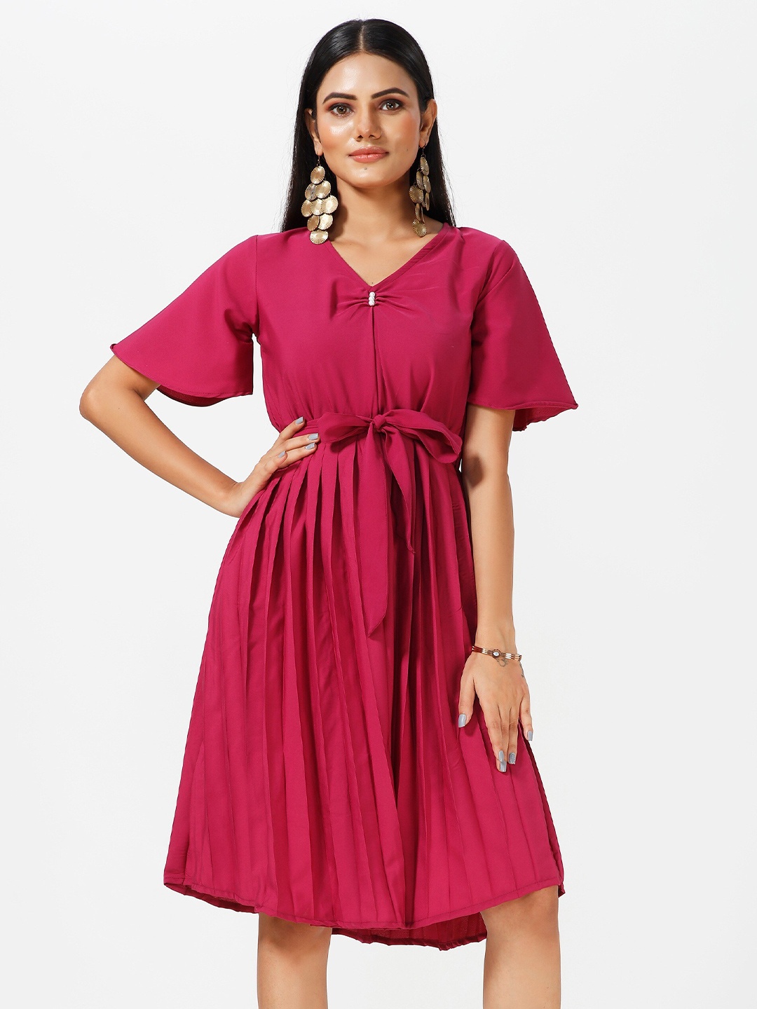 

mrutbaa Flared Sleeve Crepe Fit & Flare Dress, Pink