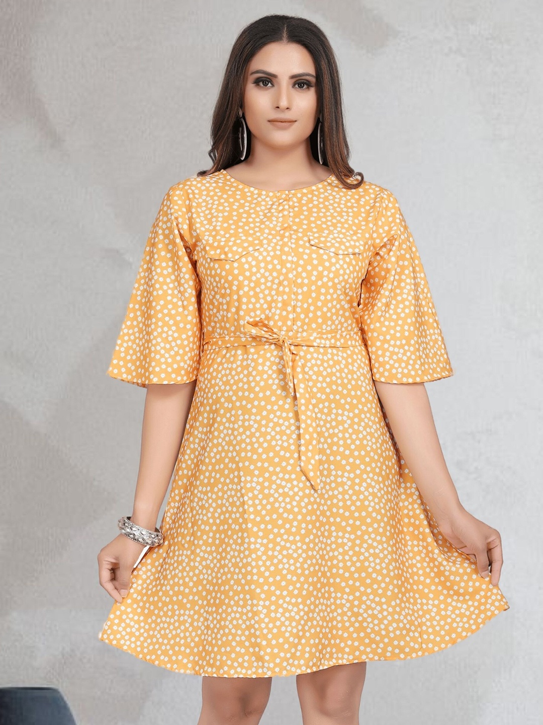 

mrutbaa Floral Print Crepe Fit & Flare Dress, Yellow