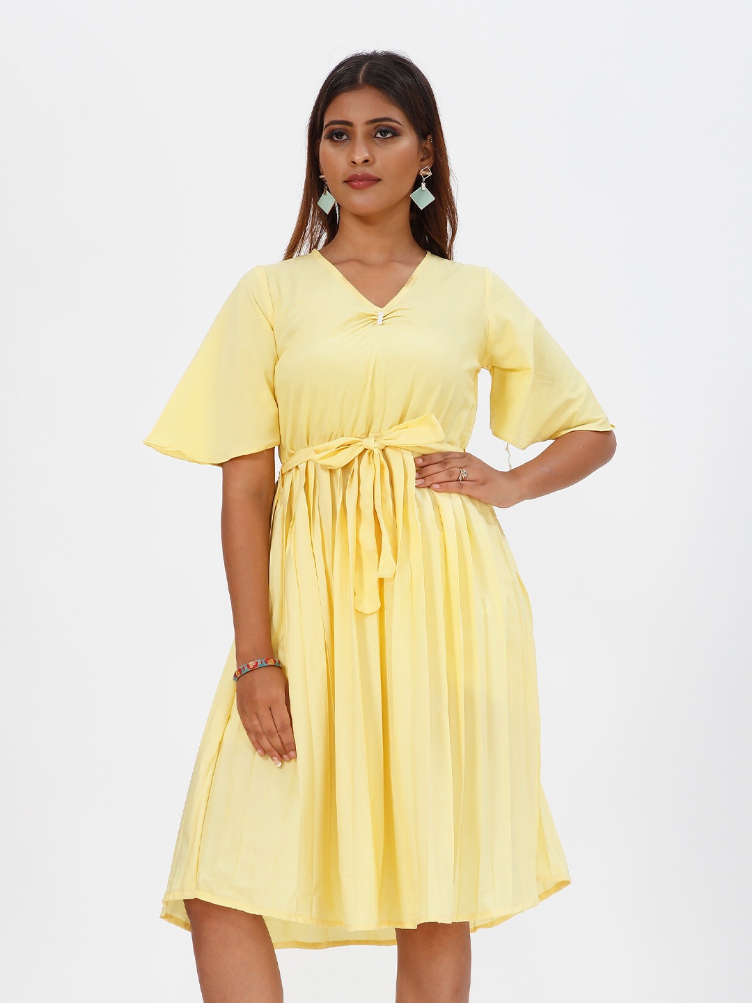 

mrutbaa Flared Sleeve Crepe Fit & Flare Dress, Yellow