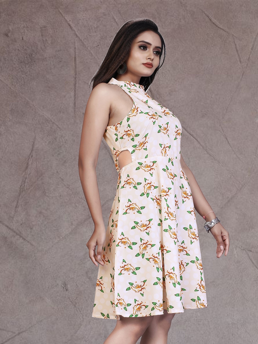 

mrutbaa Floral Printed Crepe Fit & Flare Dress, Cream