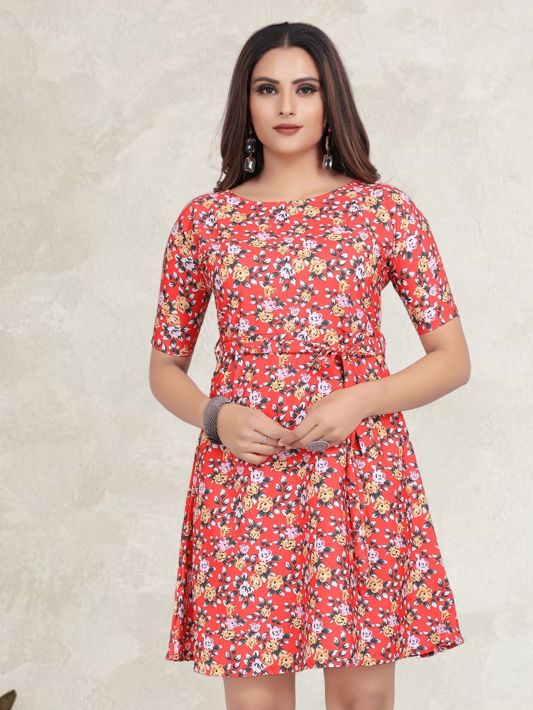 

mrutbaa Floral Print Crepe A-Line Dress, Red