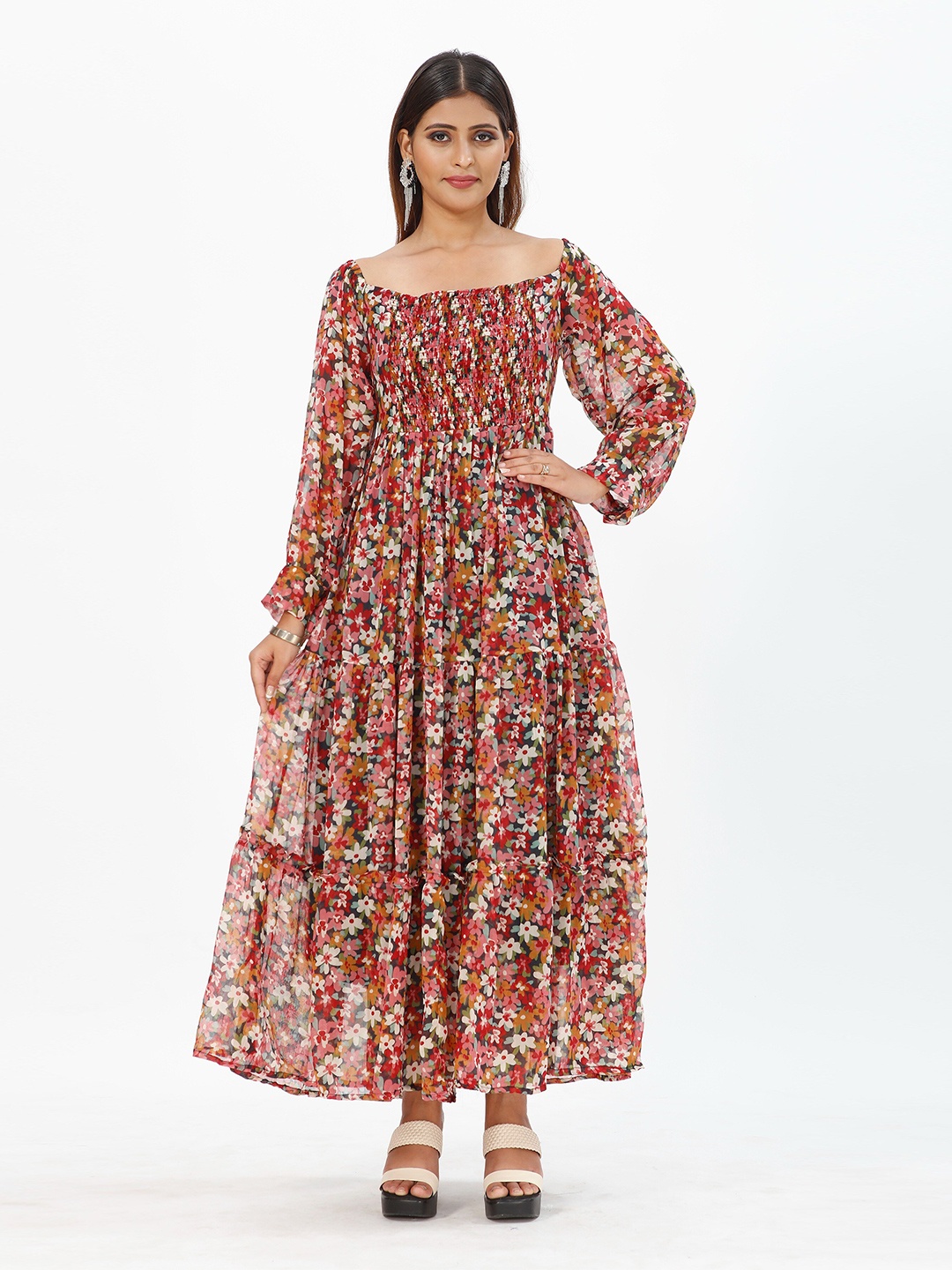 

mrutbaa Floral Printed Puff Sleeve Chiffon Maxi Dress, Red