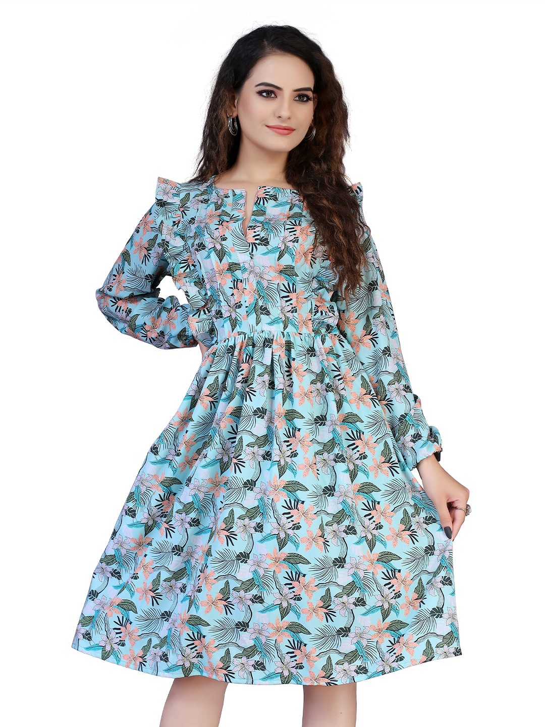 

mrutbaa Floral Print Crepe Fit & Flare Dress, Green