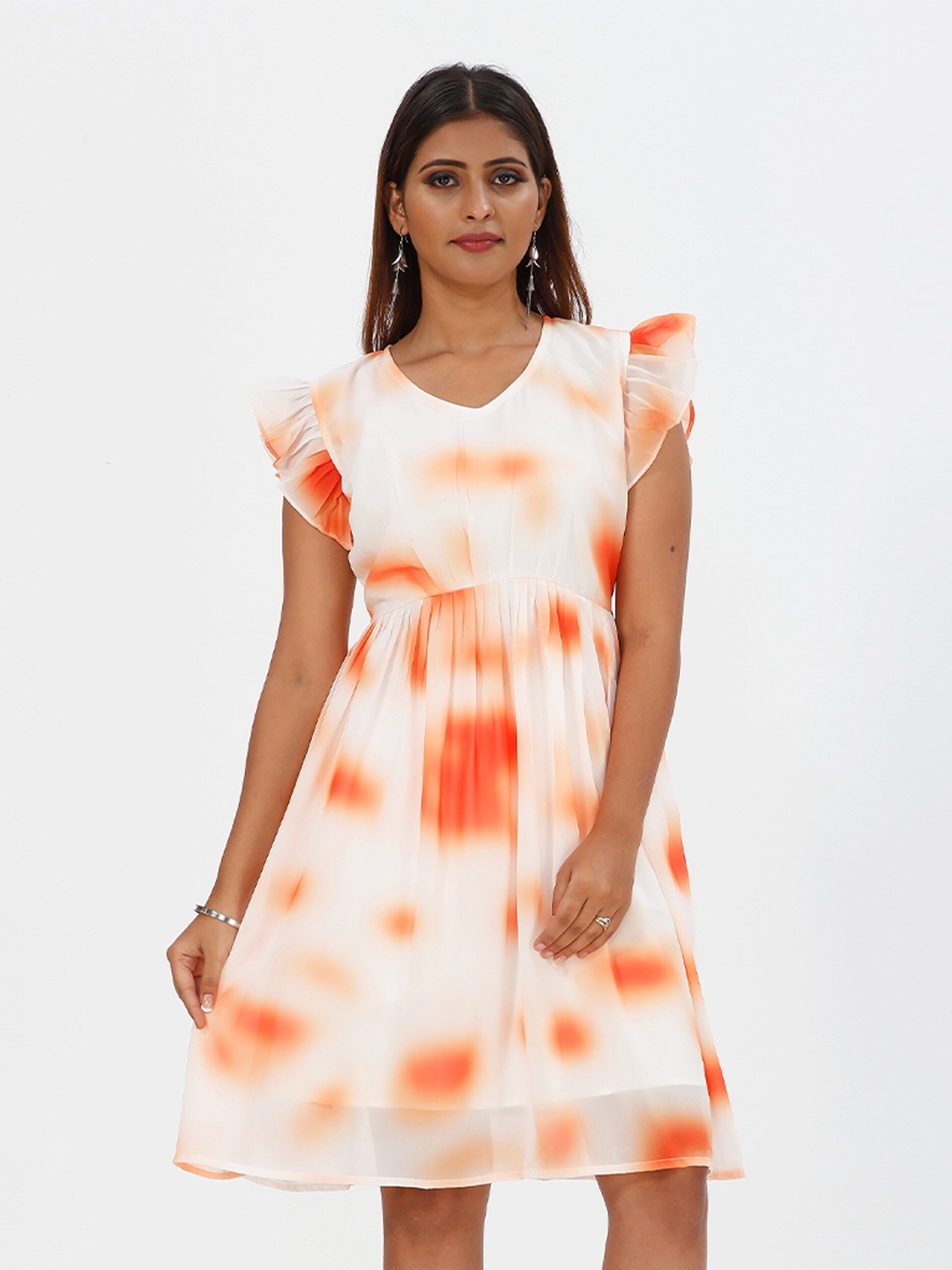 

mrutbaa Tie and Dye Flutter Sleeve Crepe Fit & Flare Dress, Orange