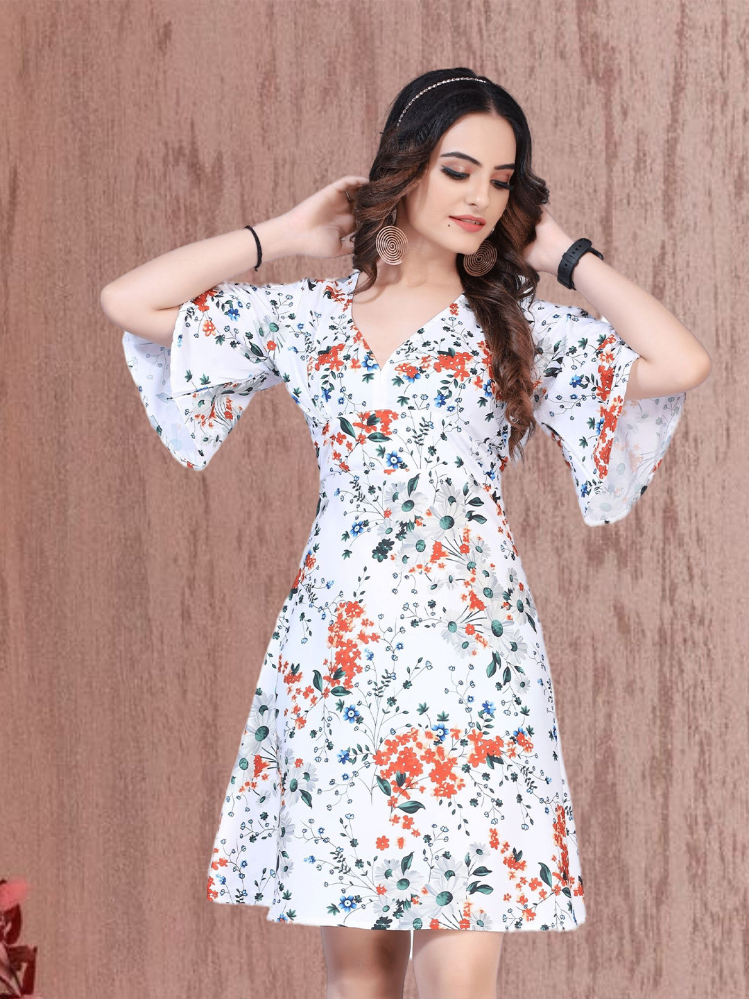 

mrutbaa Floral Print Crepe Fit & Flare Dress, Orange