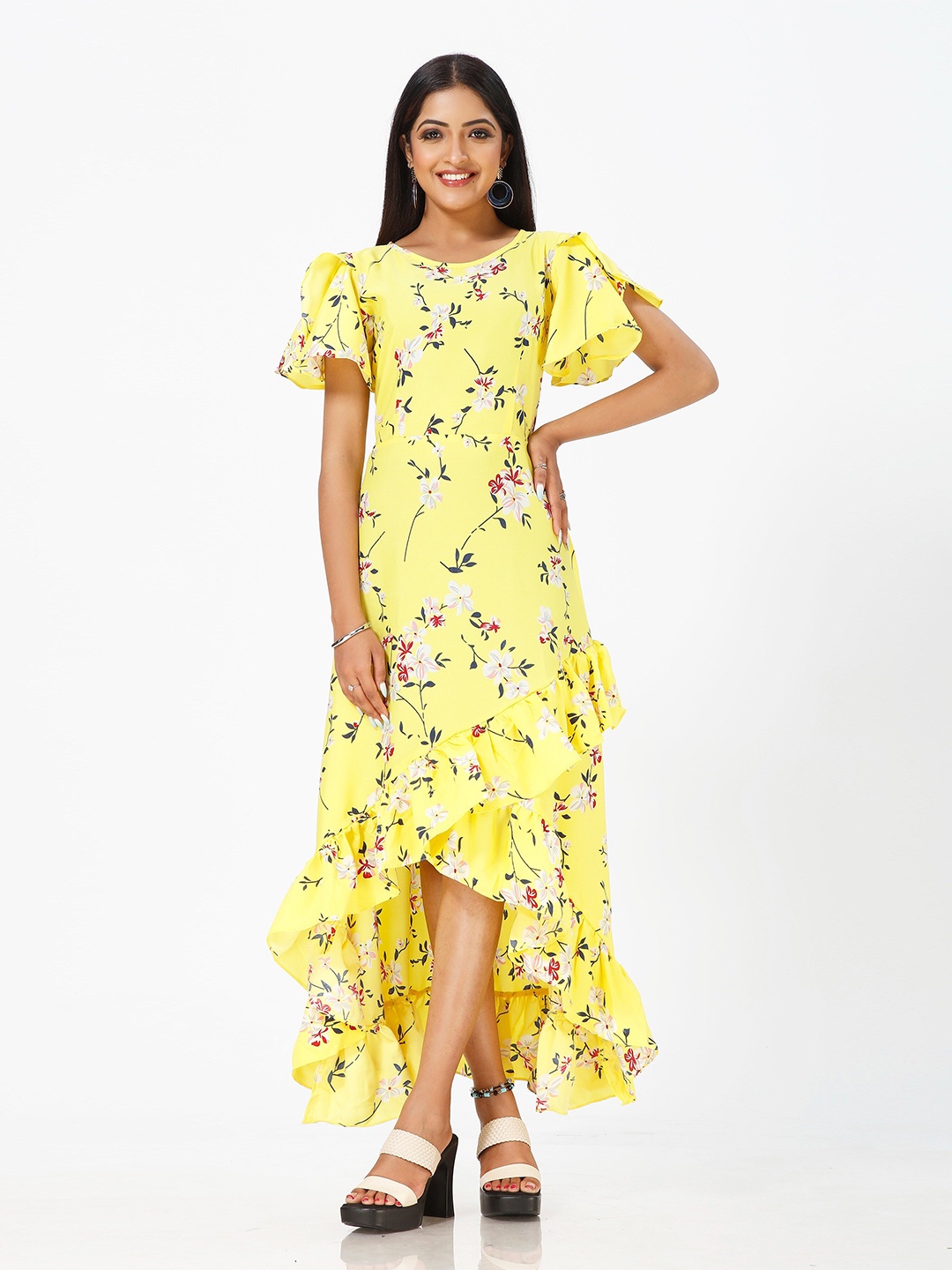

mrutbaa Floral Print Flutter Sleeve Crepe Fit & Flare Maxi Dress, Yellow