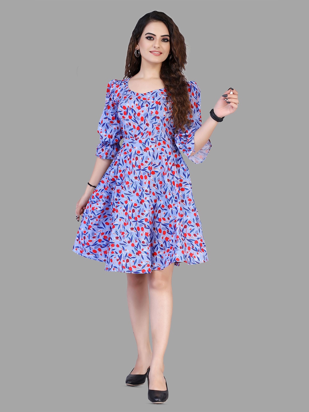 

mrutbaa Floral Print Crepe Fit & Flare Dress, Purple