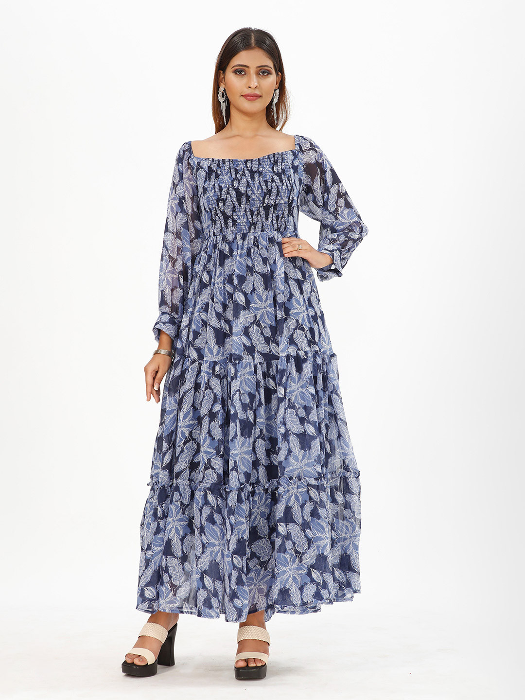 

mrutbaa Floral Printed Chiffon Maxi Dress, Blue