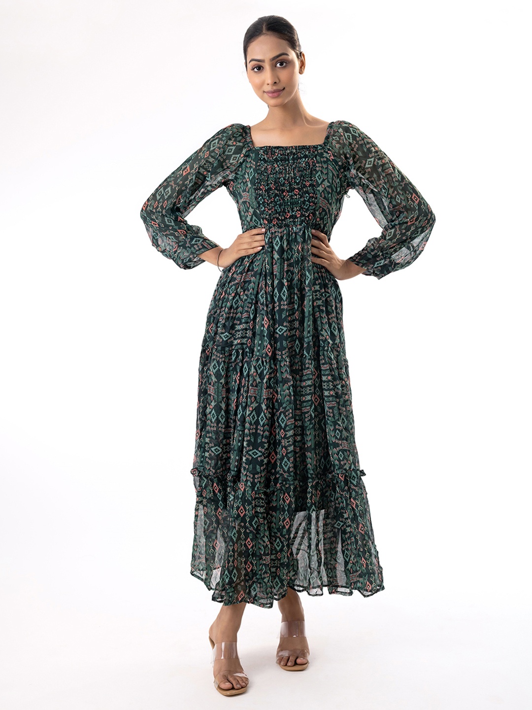 

mrutbaa Floral Print Puff Sleeve Chiffon Maxi Dress, Green