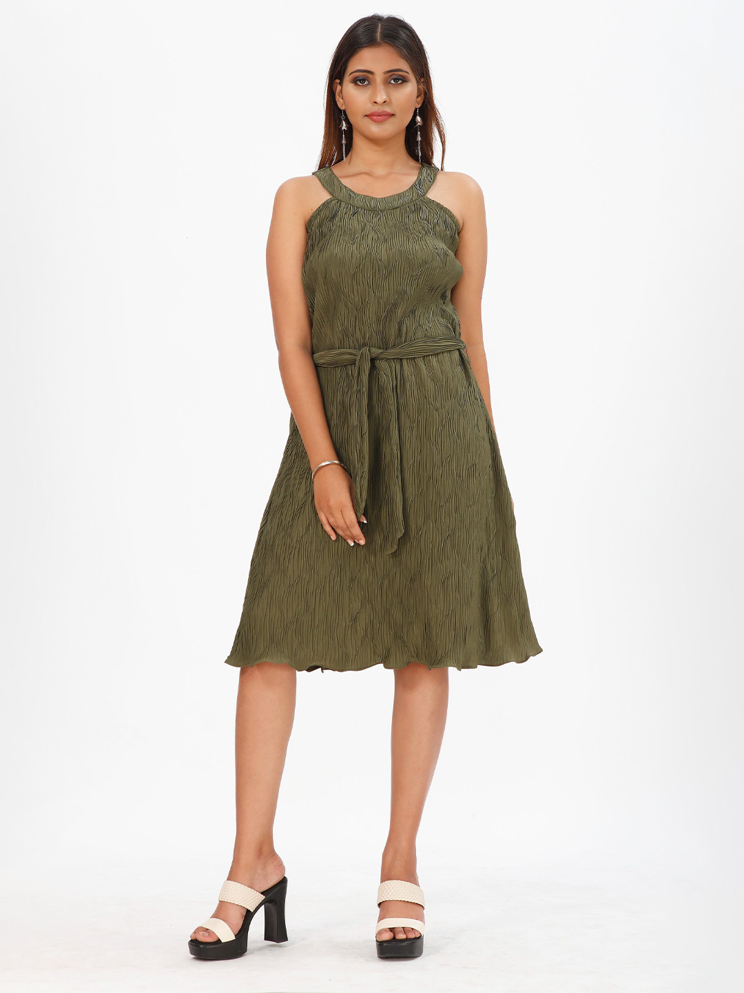 

mrutbaa Striped Satin Fit & Flare Dress, Green