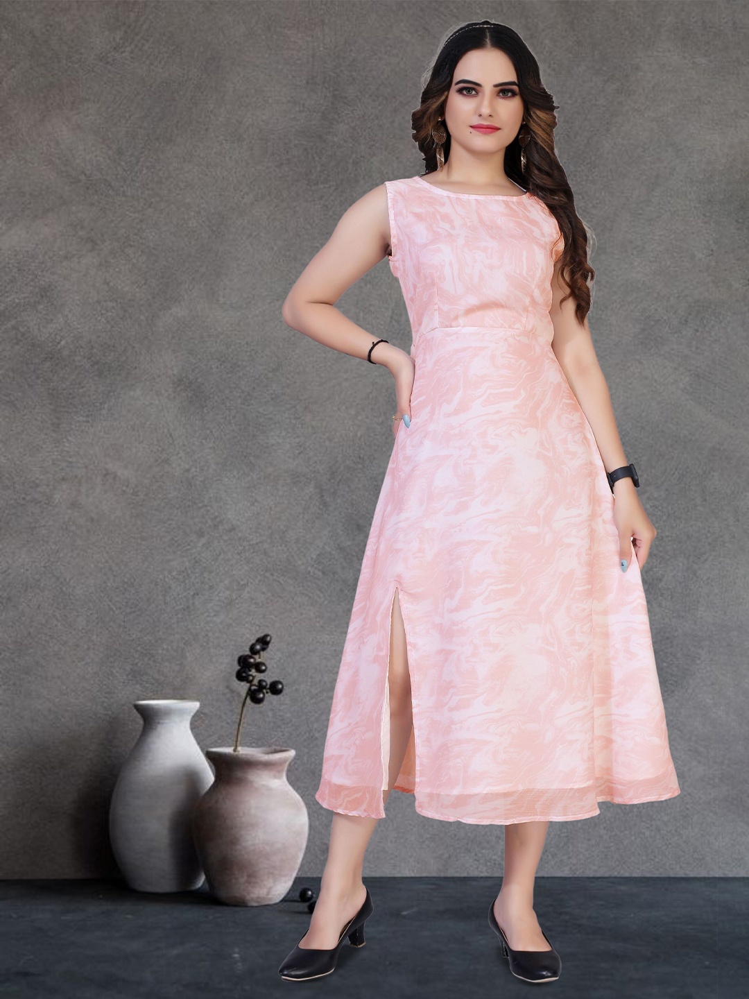 

mrutbaa Round Neck Chiffon A-Line Dress, Pink