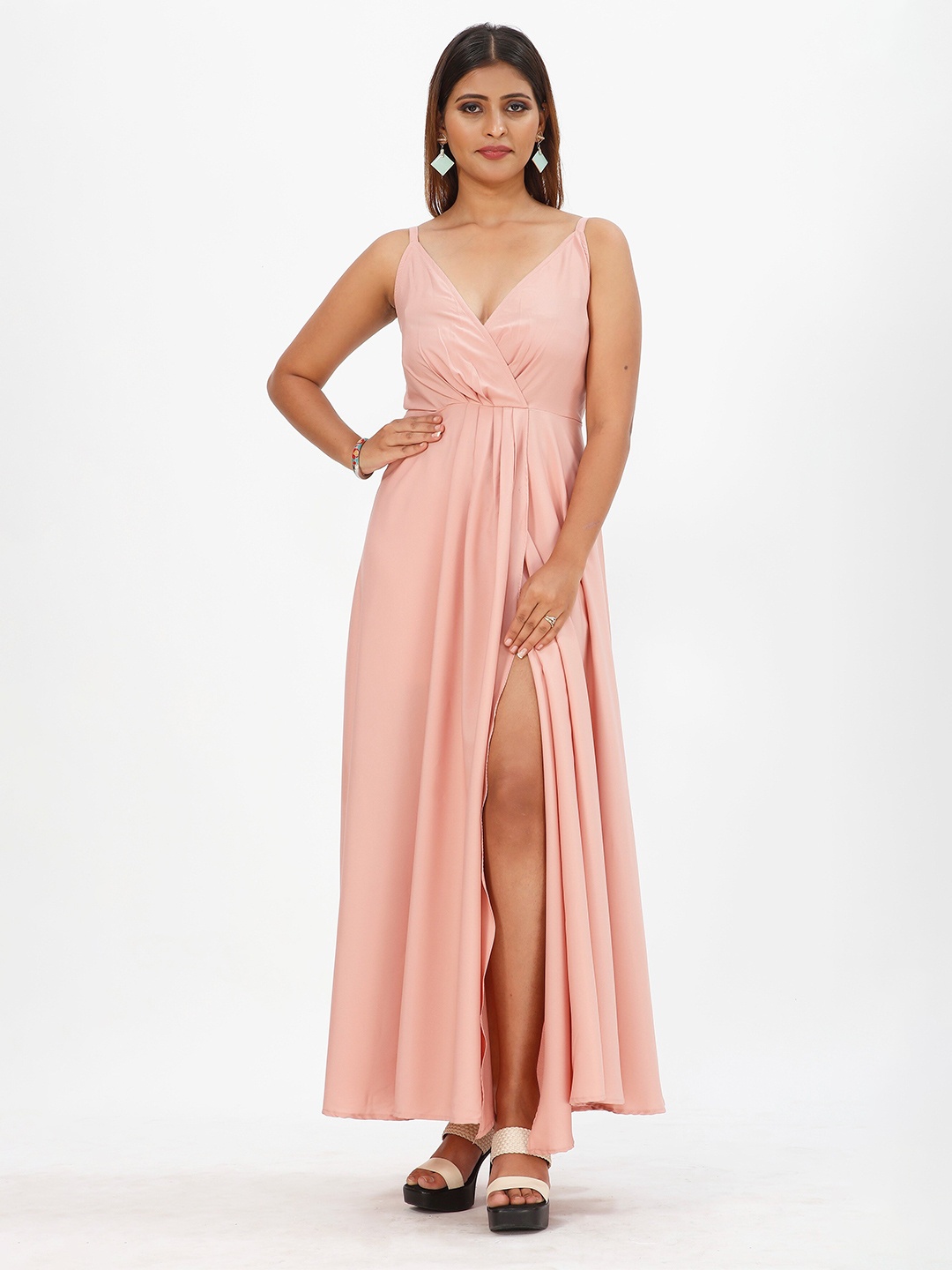 

mrutbaa Shoulder Straps Crepe Maxi Dress, Peach