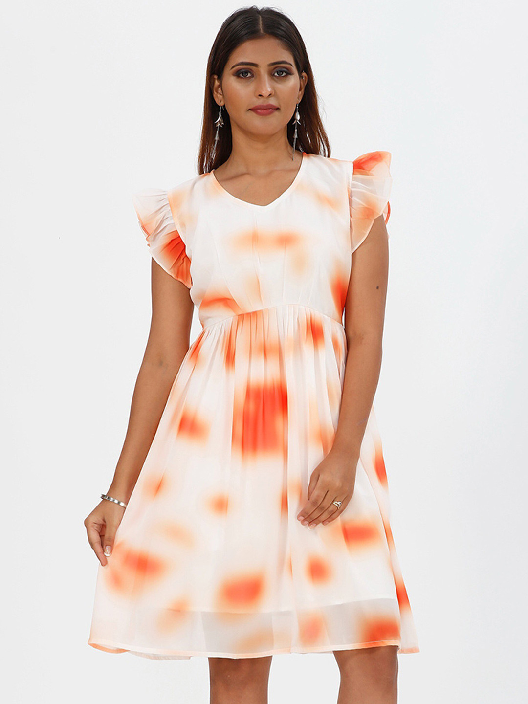 

mrutbaa Tie and Dye Dyed Flutter Sleeve Fit & Flare Dress, Orange