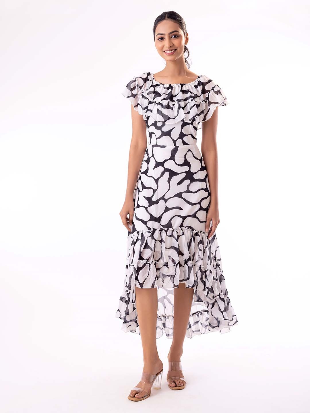 

mrutbaa Abstract Printed Fit & Flare Dress, White