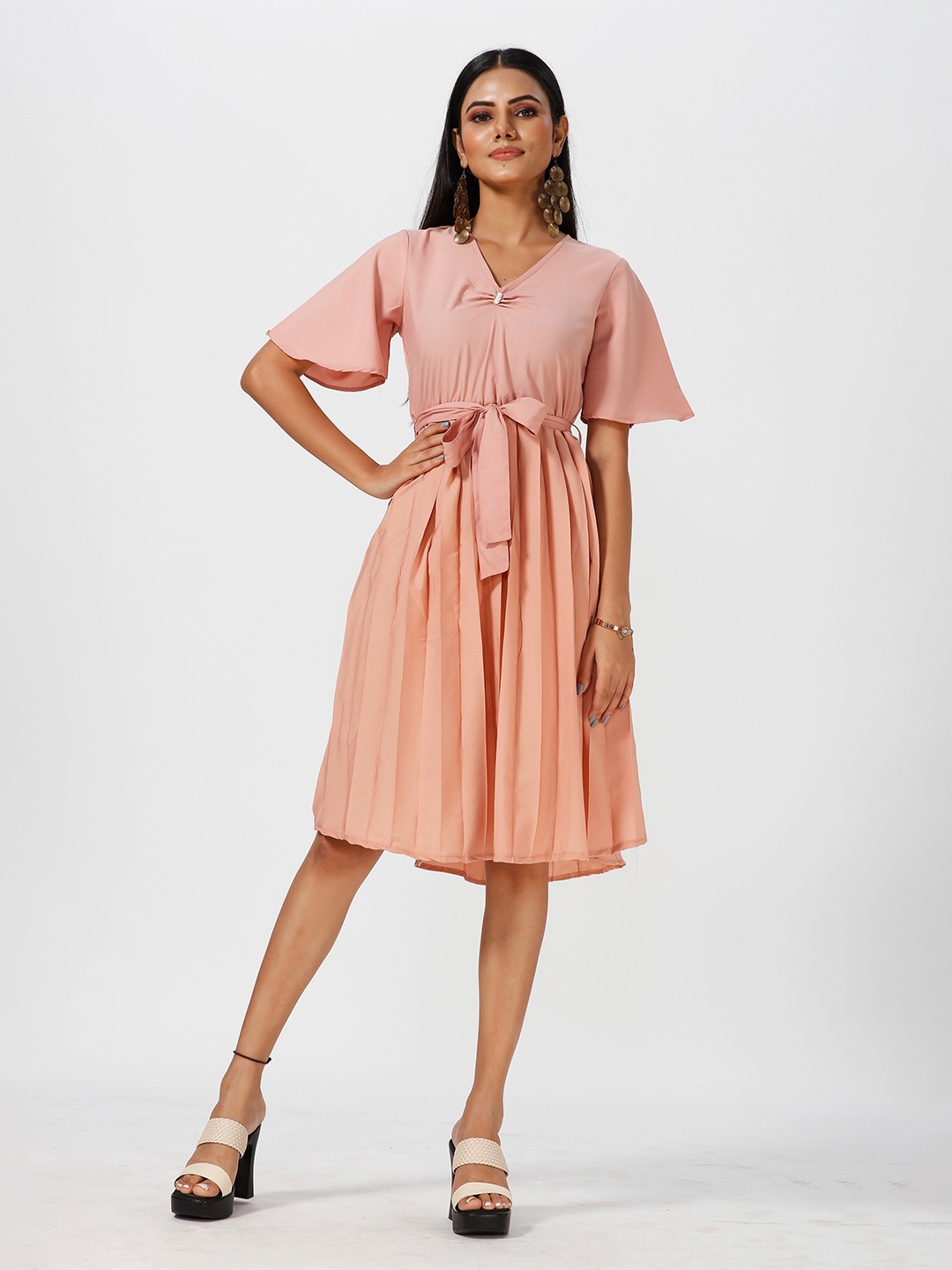 

mrutbaa V-Neck Flared Sleeve Fit & Flare Dress, Peach