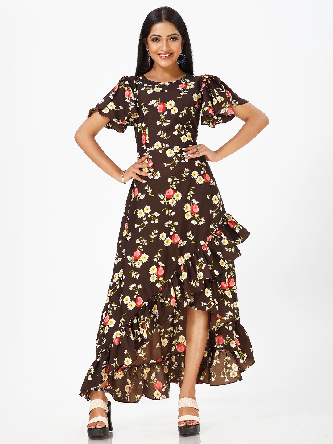 

mrutbaa Floral Printed Flared Sleeve Maxi Dress, Brown