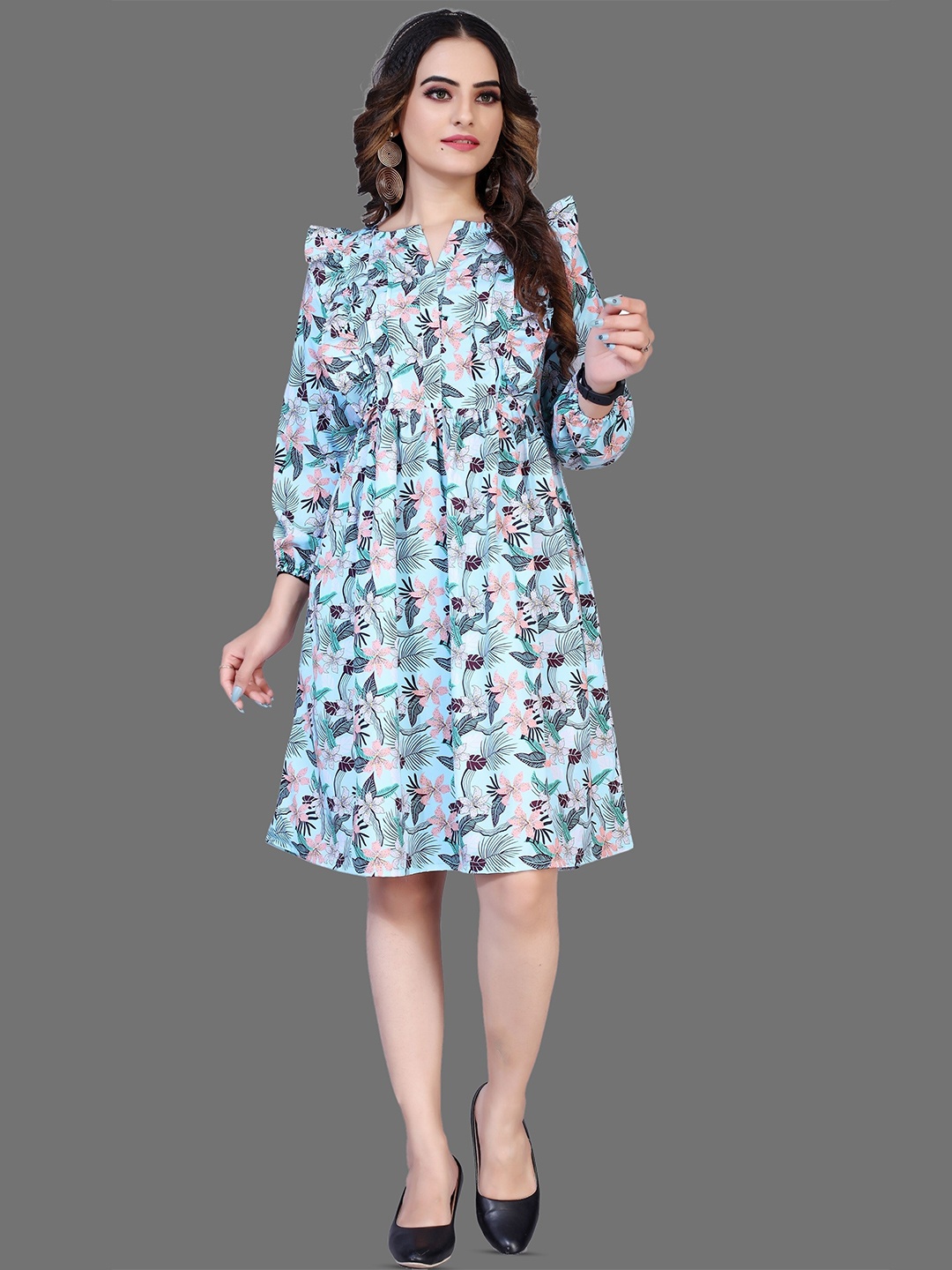 

mrutbaa Floral Printed Puff Sleeve Fit & Flare Dress, Blue