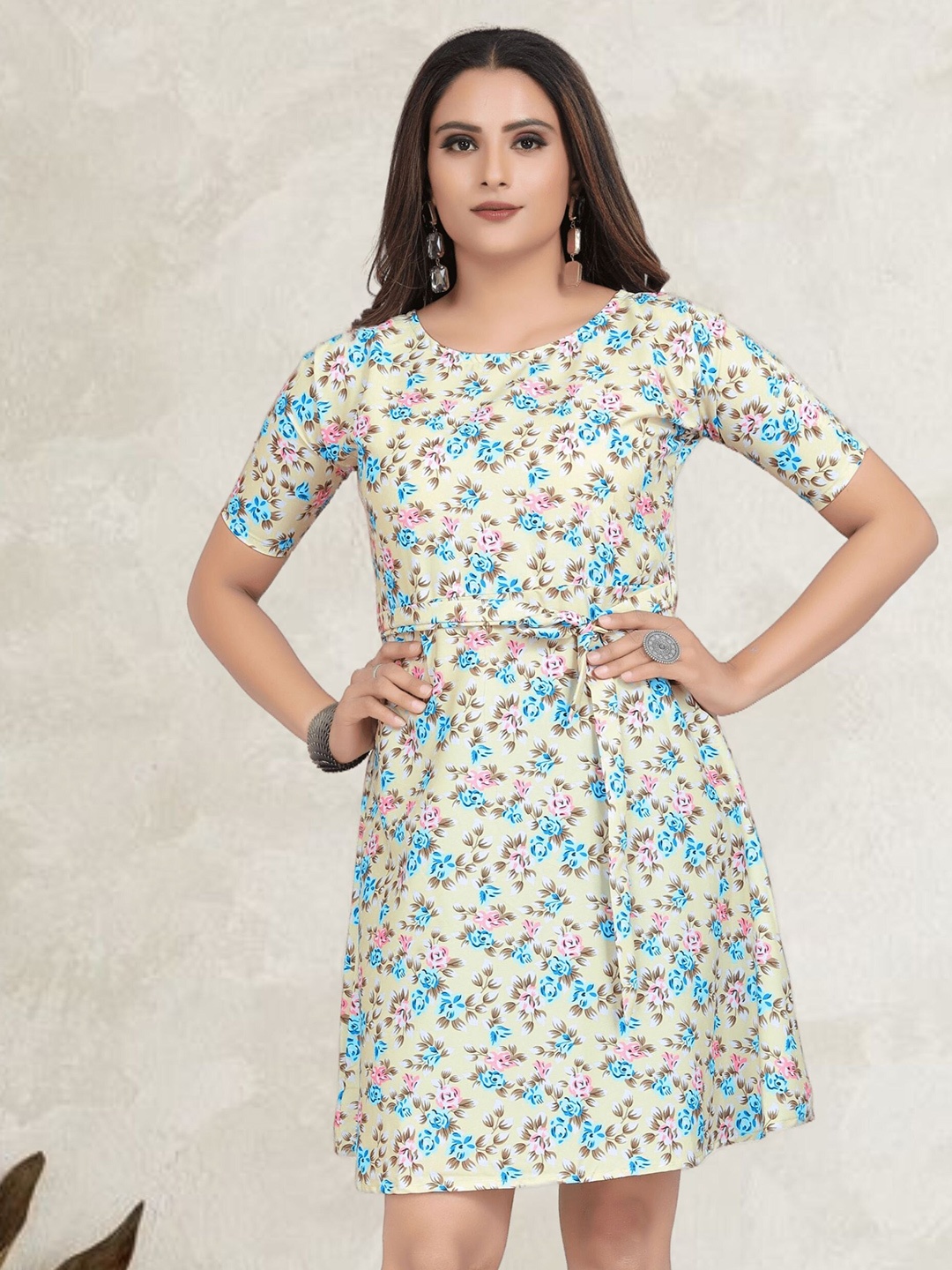

mrutbaa Round Neck Floral Printed Crepe Fit & Flare Dress, Cream