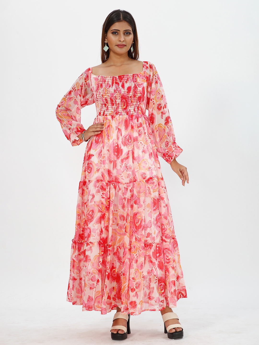 

mrutbaa Floral Print Square Neck Cuffed Sleeves Smocked Chiffon Maxi Dress, Pink